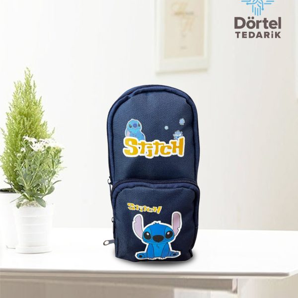 Stitch Baskılı Kalem Çantası Lacivert Geniş Hazneli Çok Bölmeli Kalem Kutu