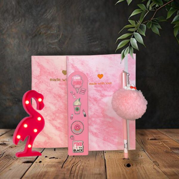 Mermer Desenli Sert Kapaklı Defter,Not Defteri,Pembe Hello Kity Ponponlu Kalem,Flamingo Led Işık