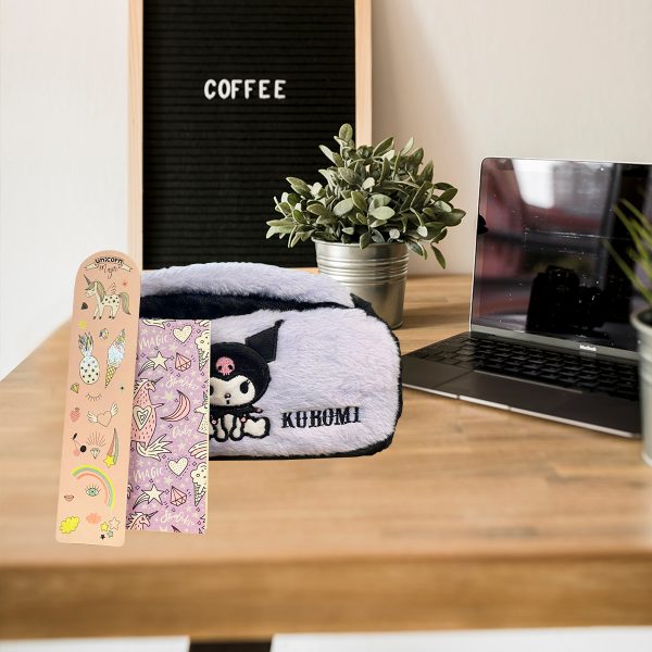 Kuromi Mor Peluş Kalem Kutu, Unicorn Temalı Not Defteri, Kitap Ayracı