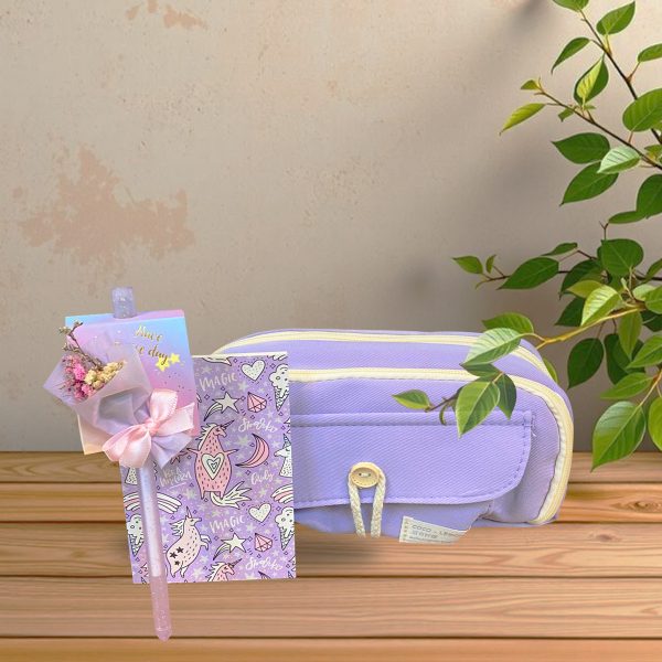 Düğmeli Mor Kalem Kutu, Unicorn Temalı Not Defteri, Kuru Çiçekli Tükenmez Kalem