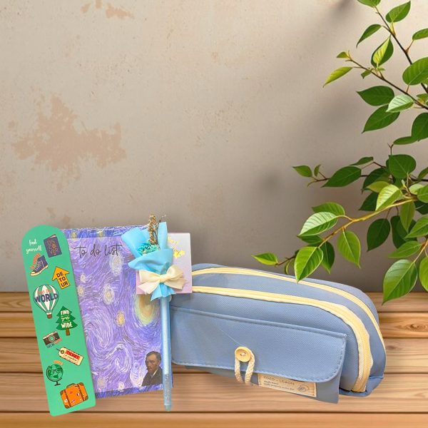 Düğmeli Mavi Kalem Kutu,Yıldızlı Gece To Do List,Travel Temalı Kitap Ayracı,Kuru Çiçekli Kalem