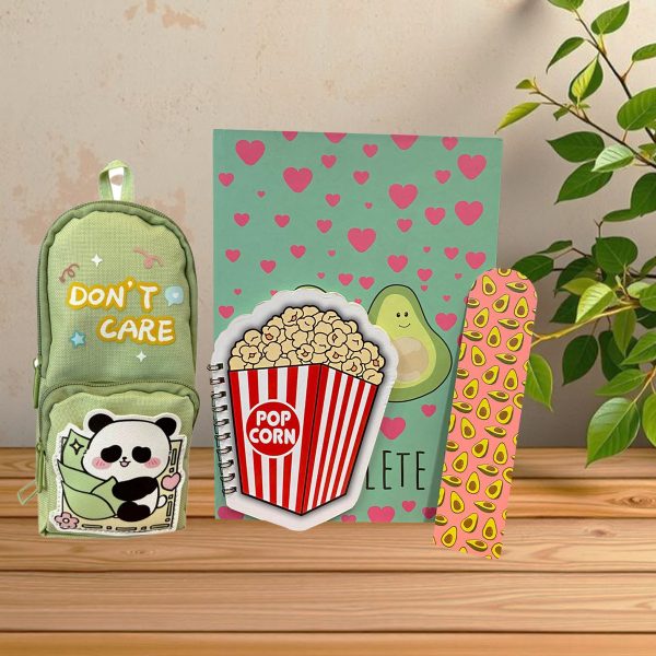 Panda Temalı Yeşil Kalem Kutu,Avokado Temalı Sert Kapaklı Ajanda,Kitap Ayracı,Patlamış Mısır Bloknot