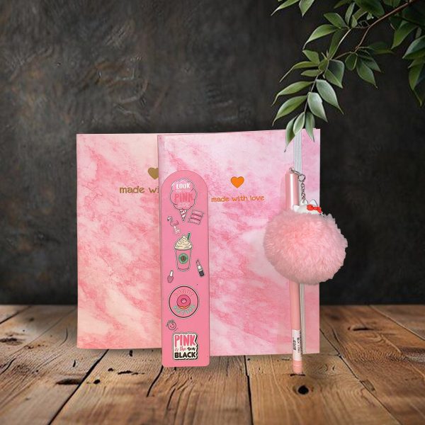 Mermer Desenli Sert Kapaklı Defter,Not Defteri,Pembe Hello Kity Ponponlu Tükenmez Kalem,Pembe Ayraç